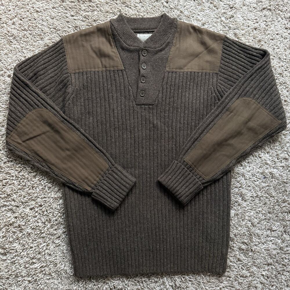 LL Bean Sweater Men’s Size M Commando Merino Wool Elbow Patch Brown Knit Crew